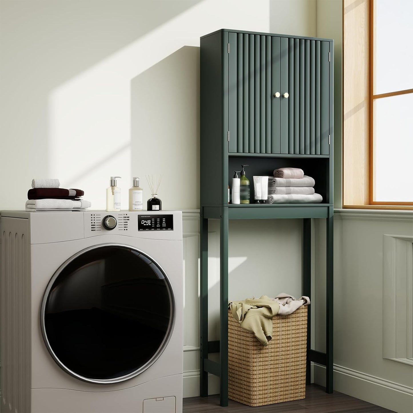 over the Toilet Storage Cabinet, above Toilet Bathroom Organizer with Fluted Doors, Adjustable Shelf & Bottom Bar, Tall Freestanding Rack Space Saver over Toilet (Green)