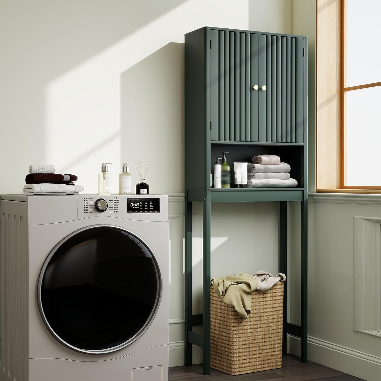 over the Toilet Storage Cabinet, above Toilet Bathroom Organizer with Fluted Doors, Adjustable Shelf & Bottom Bar, Tall Freestanding Rack Space Saver over Toilet (Green)