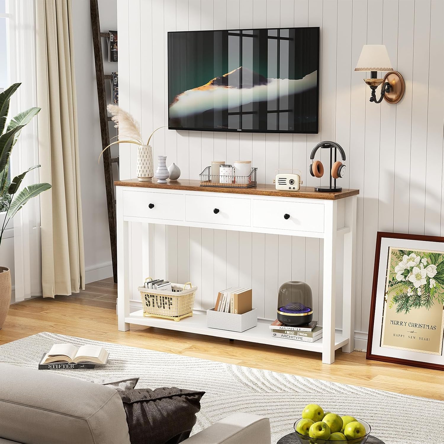 Farmhouse Console Table with 3 Drawers, 47 Inch Wood Sofa Table with Storage Shelf for Living Room, behind Couch, Entryway Table for Hallway, Living Room, or Foyer, Rustic Brown and White
