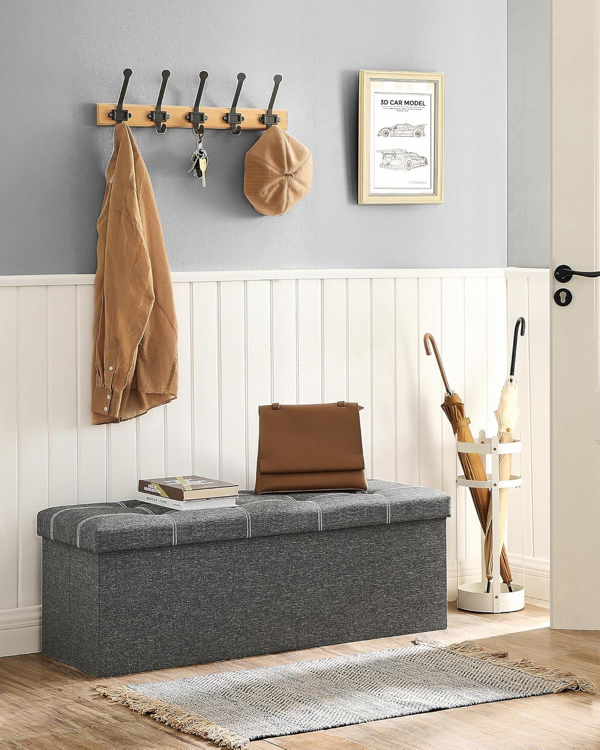 Mazie Collection - 43 Inches Ottoman Storage Bench, 35 Gal. Folding Chest with Breathable Linen-Look Fabric, Load up to 660 Lb, for Entryway, Living Room, Bedroom, Dark Gray ULSF077G04