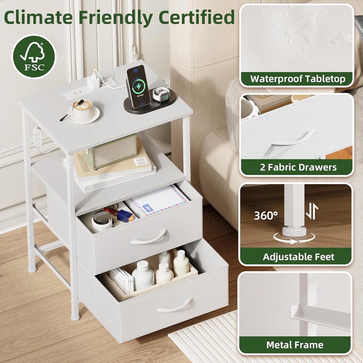 White Nightstand with Charging Station and LED Light for Bedroom, 2 Drawers Dresser with Fabric Bins for Bedside Kids Dorm Room Closet Laundry Entryway, White Leather