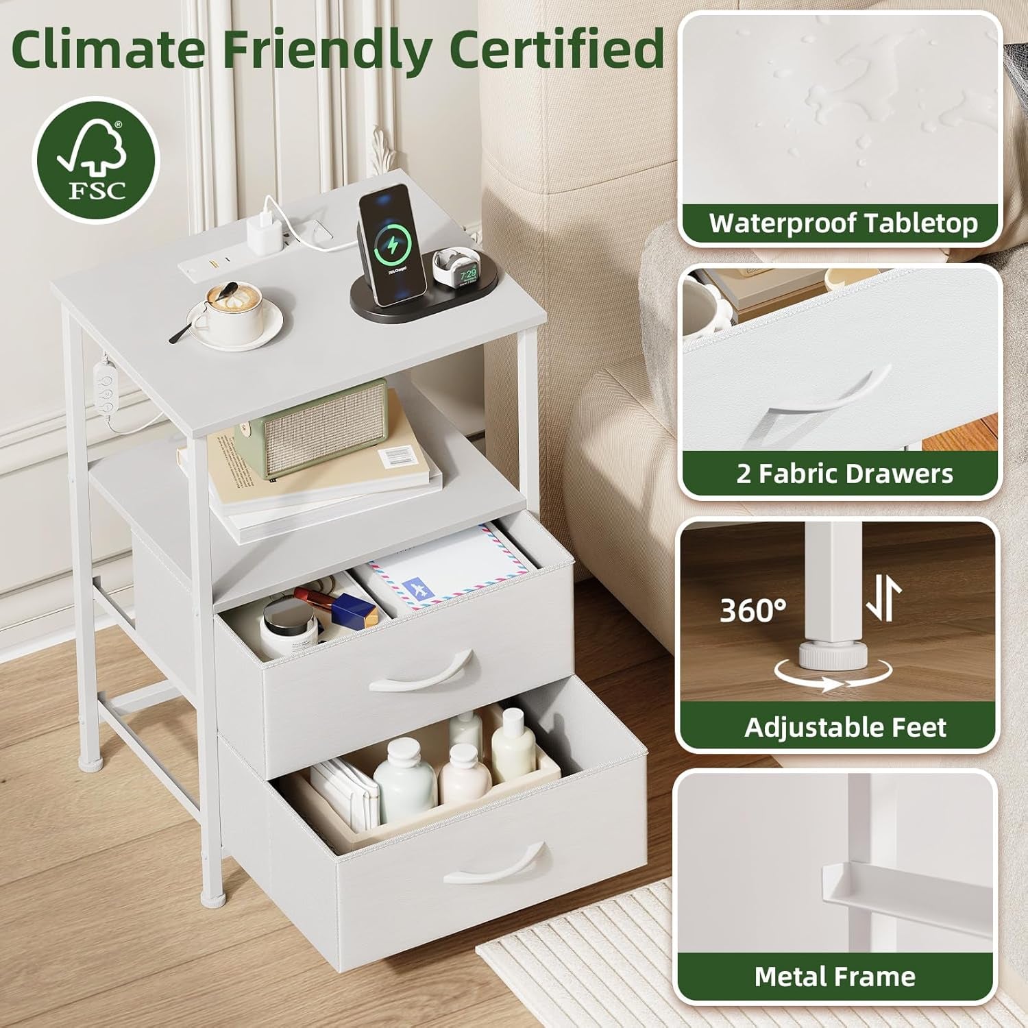 White Nightstand with Charging Station and LED Light for Bedroom, 2 Drawers Dresser with Fabric Bins for Bedside Kids Dorm Room Closet Laundry Entryway, White Leather