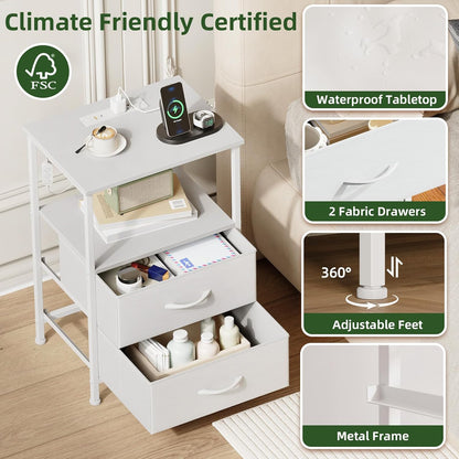 White Nightstand with Charging Station and LED Light for Bedroom, 2 Drawers Dresser with Fabric Bins for Bedside Kids Dorm Room Closet Laundry Entryway, White Leather