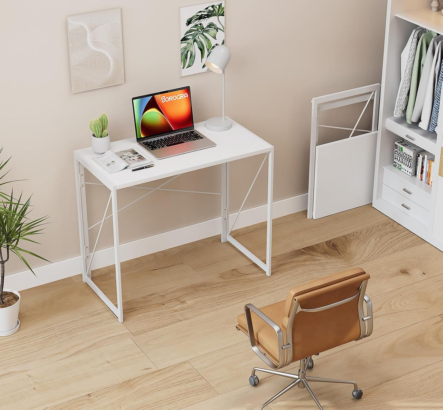 Folding Desk 31.5 Inch Foldable Small Portable Computer Desks, Spaces Saving Writing Sturdy Table for Bedroom, Home Office, Dorm, Apartment, Pre Assembled, White