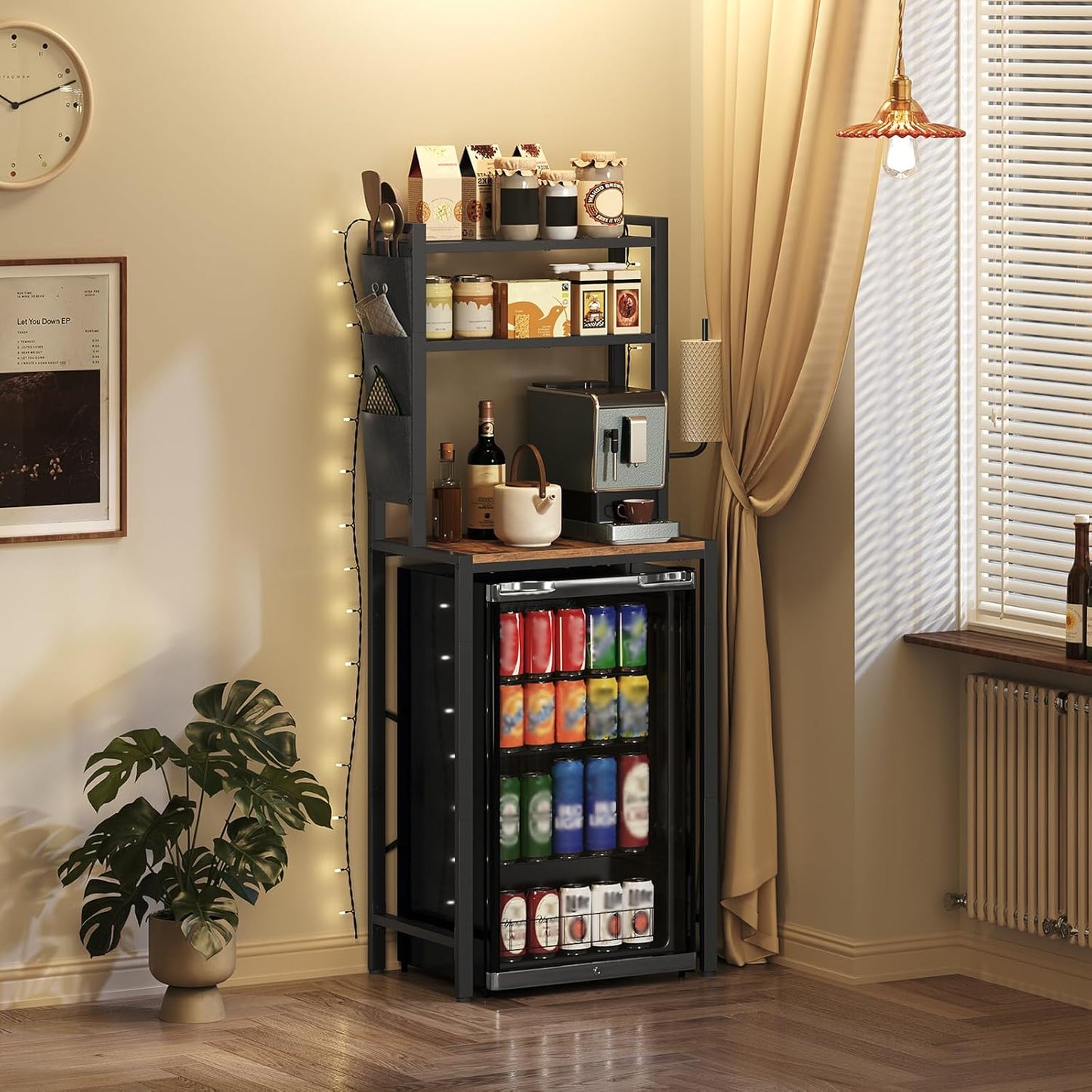 Bakers Rack with Mini Fridge Shelf, 3-Tier Microwave Stand, Coffee Bar Station with Paper Holder, Freestanding Kitchen Storage Rack, for Kitchen, Rustic Brown and Black BRHR5401