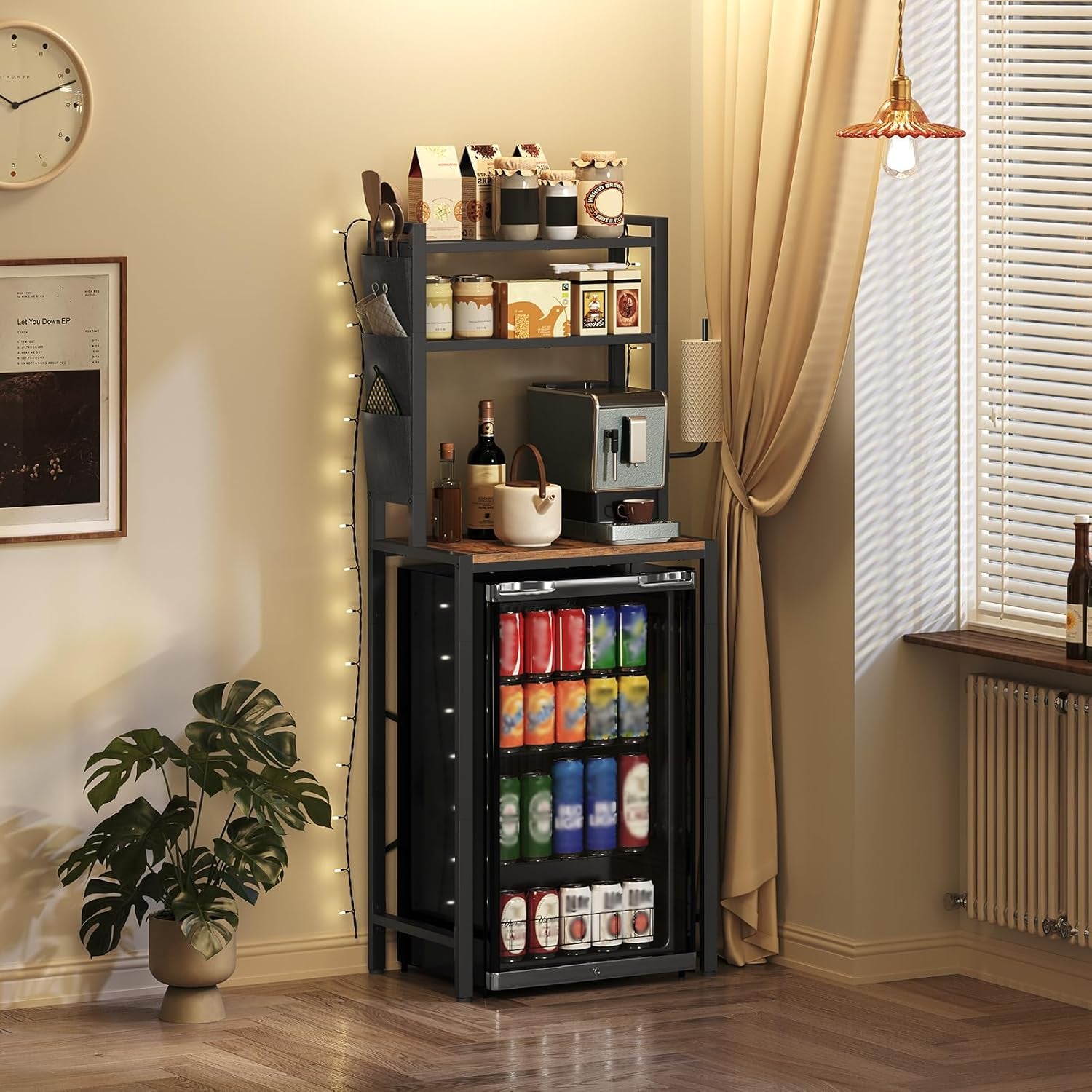 Bakers Rack with Mini Fridge Shelf, 3-Tier Microwave Stand, Coffee Bar Station with Paper Holder, Freestanding Kitchen Storage Rack, for Kitchen, Rustic Brown and Black BRHR5401
