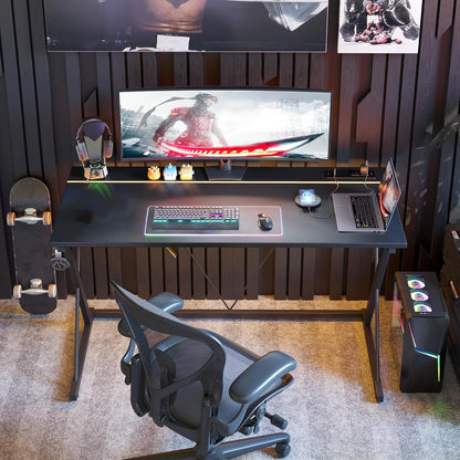 Gaming Desk with Power Outlets & LED 40 Inch Ergonomic Computer Carbon Fiber Surface Gamer Desk, PC Workstation with Headphone Hook for Bedroom, Kids Desk Gift for Boys, Black