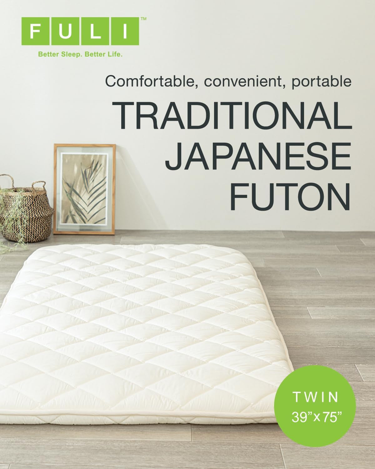 Japanese Futon, Twin Size, White - Foldable Shikibuton Floor Bed - Medium Firm Quilted Cotton Sleeping Pad, Portable Roll-Up Japanese Floor Bed for Guests & Small Spaces