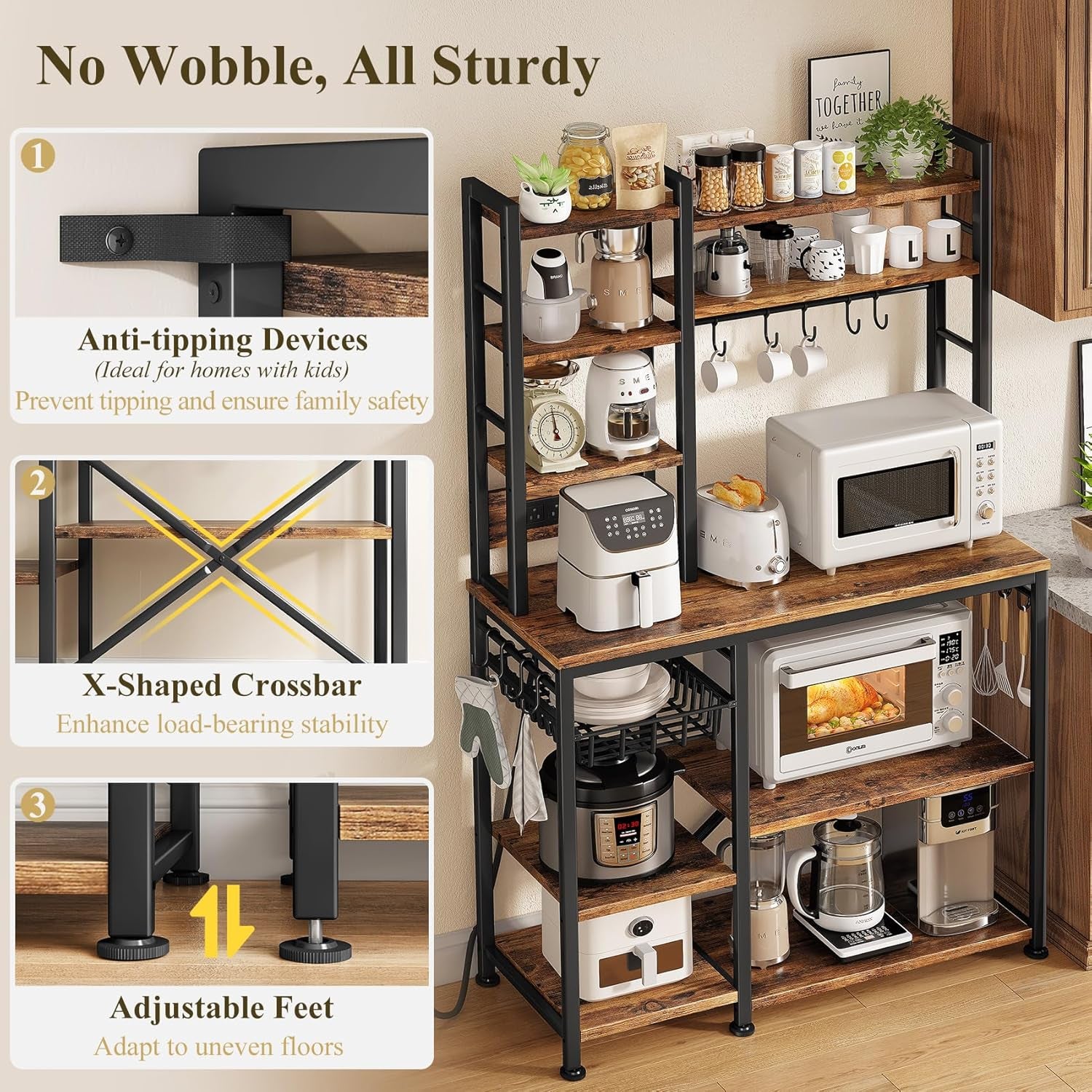 Baker Rack with Power Outlet - Microwave Stand with Storage, Large Coffee Bar Station with 14 Hooks, Metal Kitchen Shelf Rack for Spices, Pots (Rustic Brown) | with Power Outlet, with Storage, with 14 Hooks, for Spices, for Pots