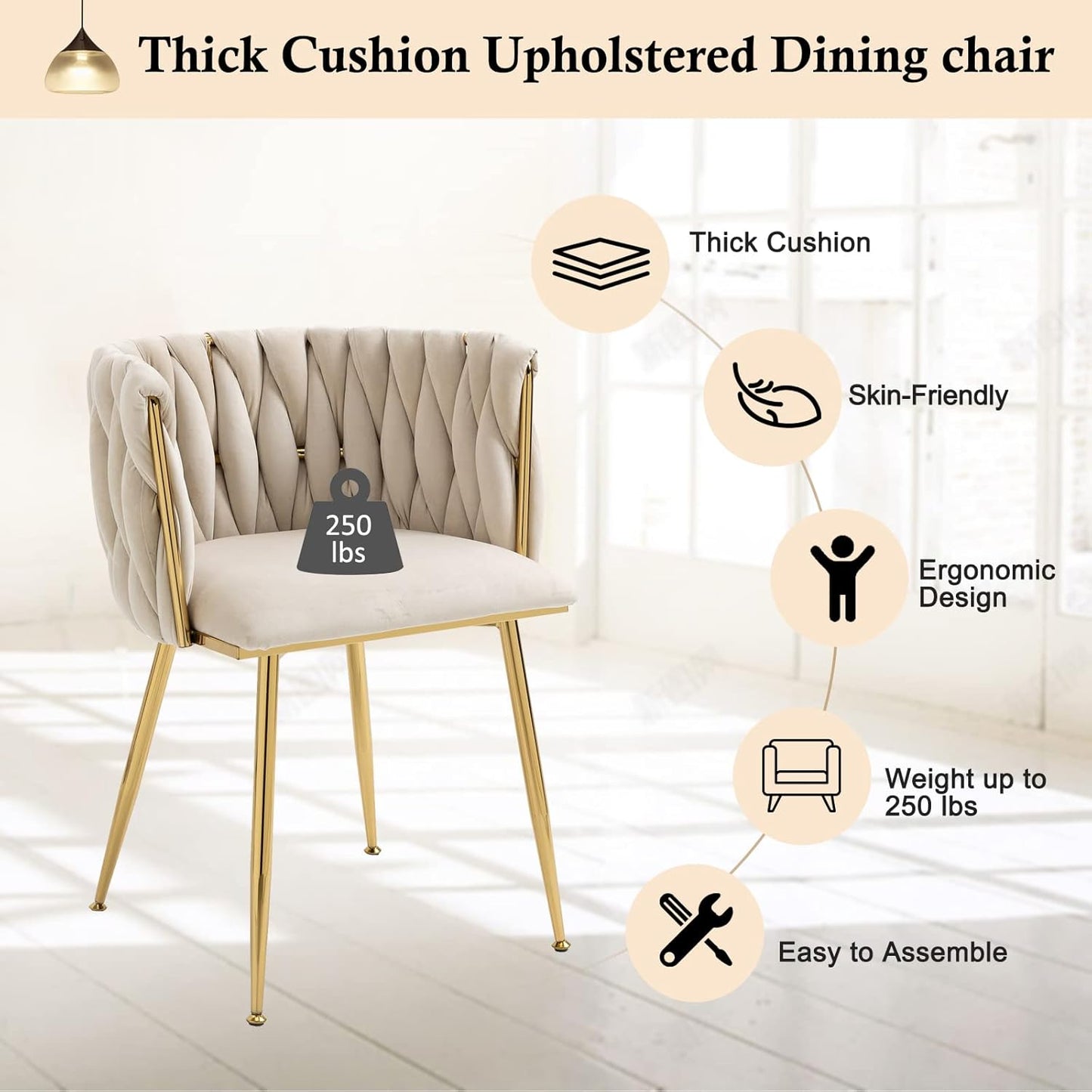 Modern Velvet Dining Chairs Hand Weaving Accent Chairs Living Room Chairs Upholstered Side Chair with Golden Metal Legs for Dining Room Kitchen Vanity Living Room (Ivory)