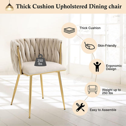 Modern Velvet Dining Chairs Hand Weaving Accent Chairs Living Room Chairs Upholstered Side Chair with Golden Metal Legs for Dining Room Kitchen Vanity Living Room (Ivory)