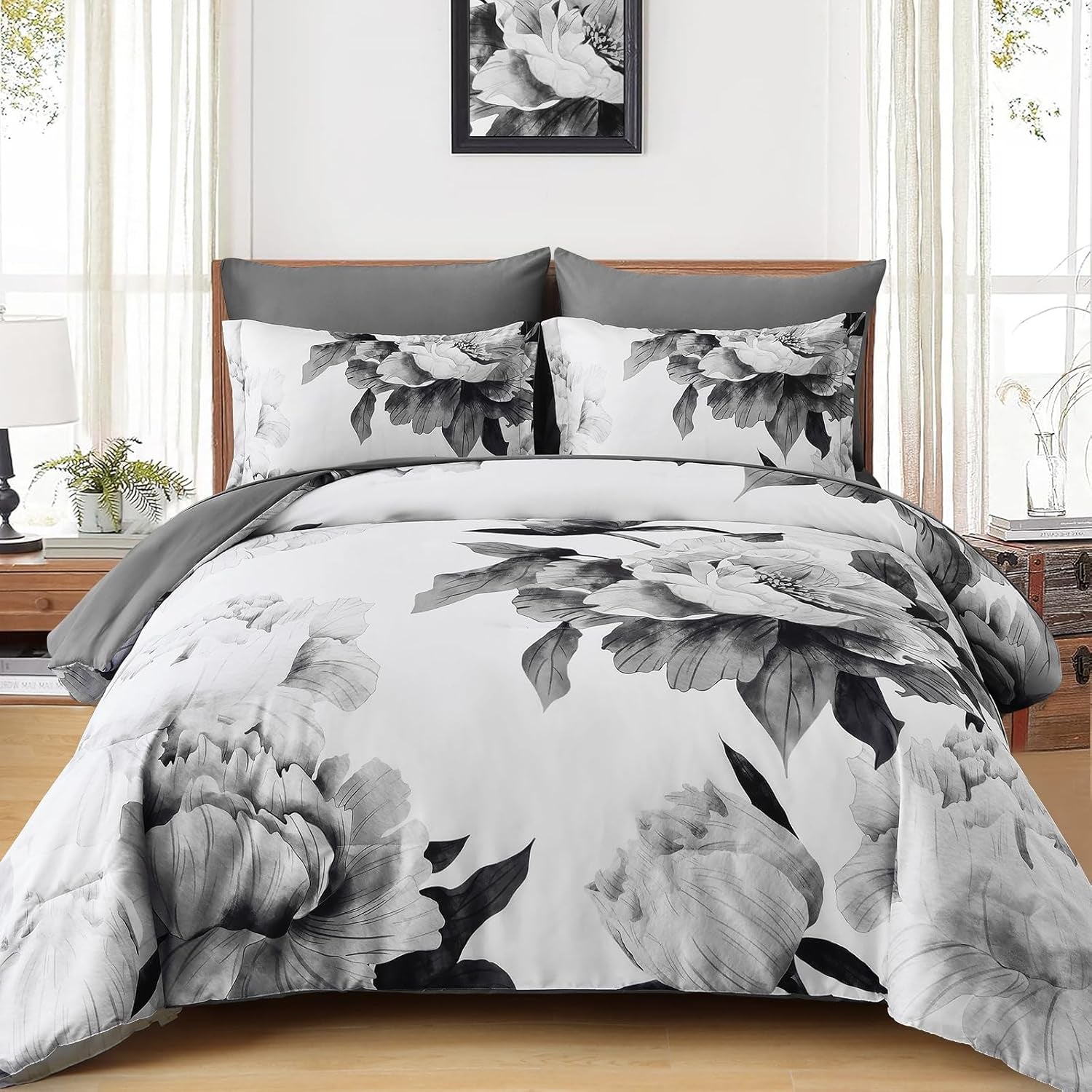 Grey Queen Comforter Set 7 Piece Bed in a Bag, Gray Floral Printed on White Comforter Set with Sheets, Soft Microfiber Botanical Farmhouse Bedding Set for All Season