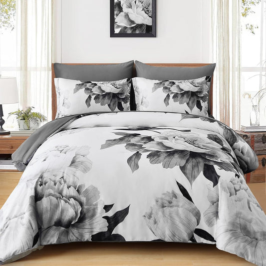 Grey Queen Comforter Set 7 Piece Bed in a Bag, Gray Floral Printed on White Comforter Set with Sheets, Soft Microfiber Botanical Farmhouse Bedding Set for All Season