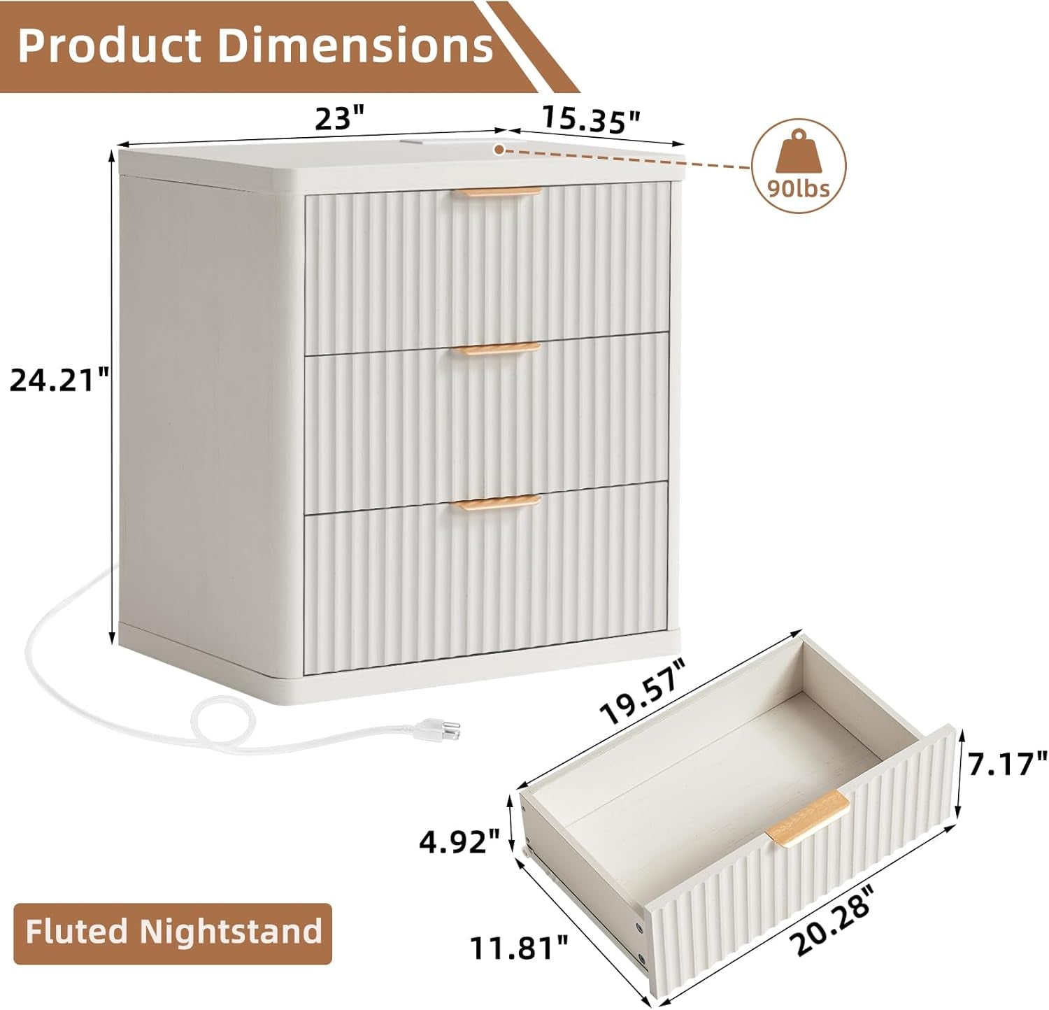 23" Wide Fluted Farmhouse Night Stand Set of 2 with Charging Station, 3 Drawers Large End Table W/Metal Handle,White Nightstand Bedside Table,Wood Dresser for Bedroom, Closet