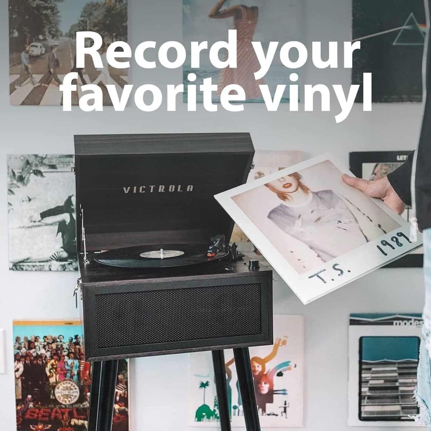 Liberty – Bluetooth Record Player – 5-In-1 Turntable with Vinyl Stream, FM Radio, USB Playback, Built-In Speakers, Use as Stand or Tabletop Player (Espresso)