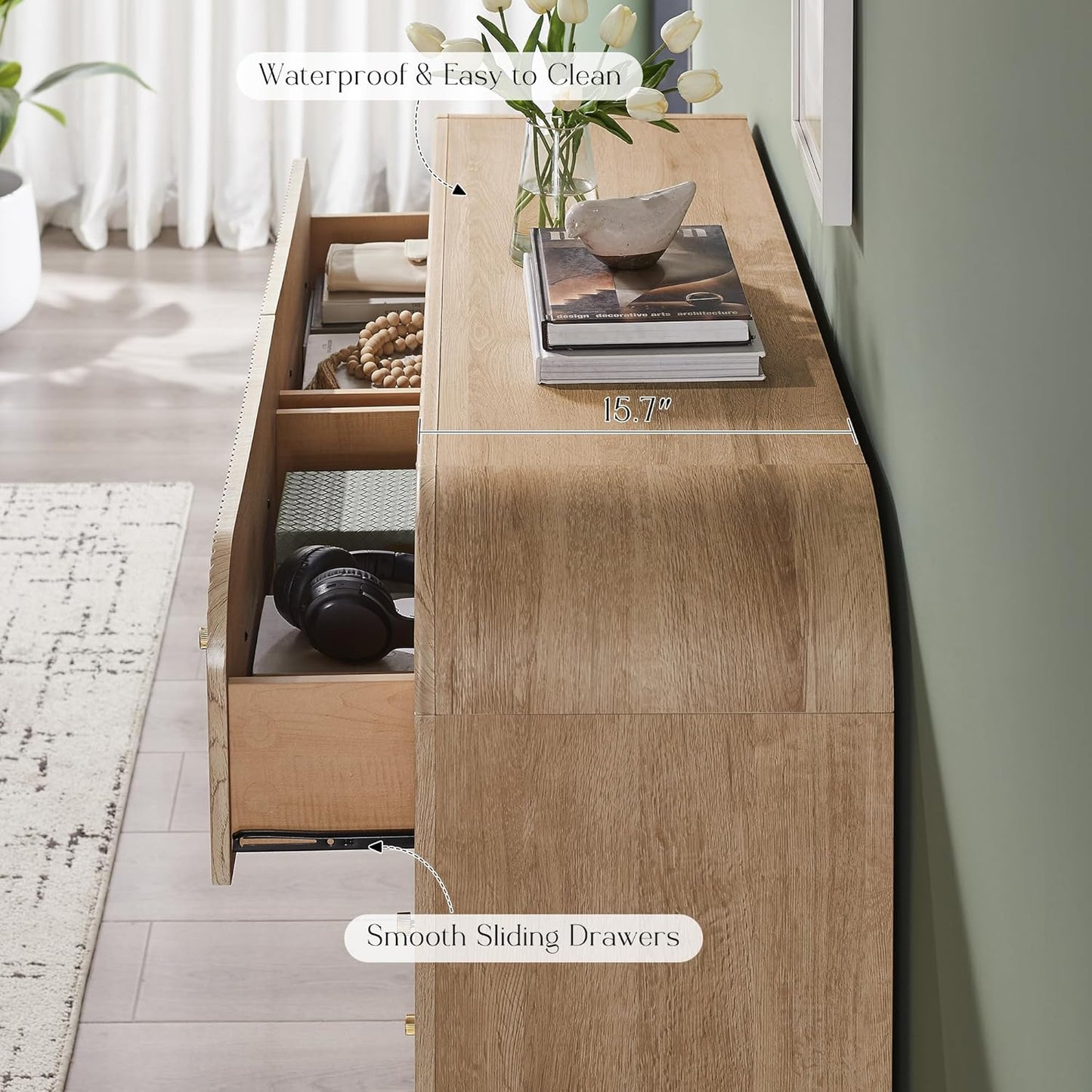 Fluted 6 Drawers Dresser for Bedroom, 54" Wide Modern Chest of Drawers with Thickened Curved Profile Design, Wood Dressers TV Stand for Bedroom, Living Room, Hallway, Natural Oak