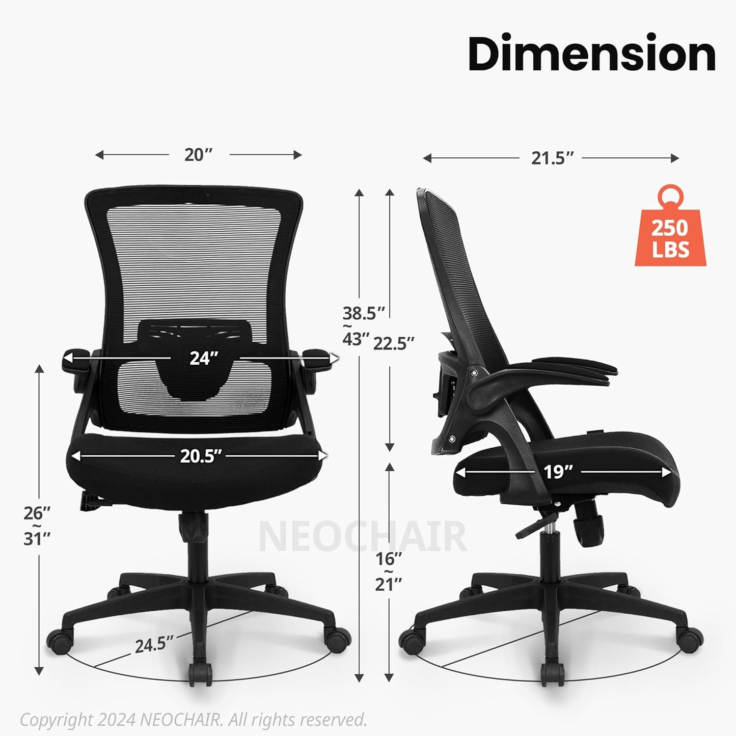 Office Desk Chair Computer High Back Mesh Gaming Seat with Ergonomic Adjustable Comfy Flip-Up Armrests Lumbar Support Height for Home (Black)