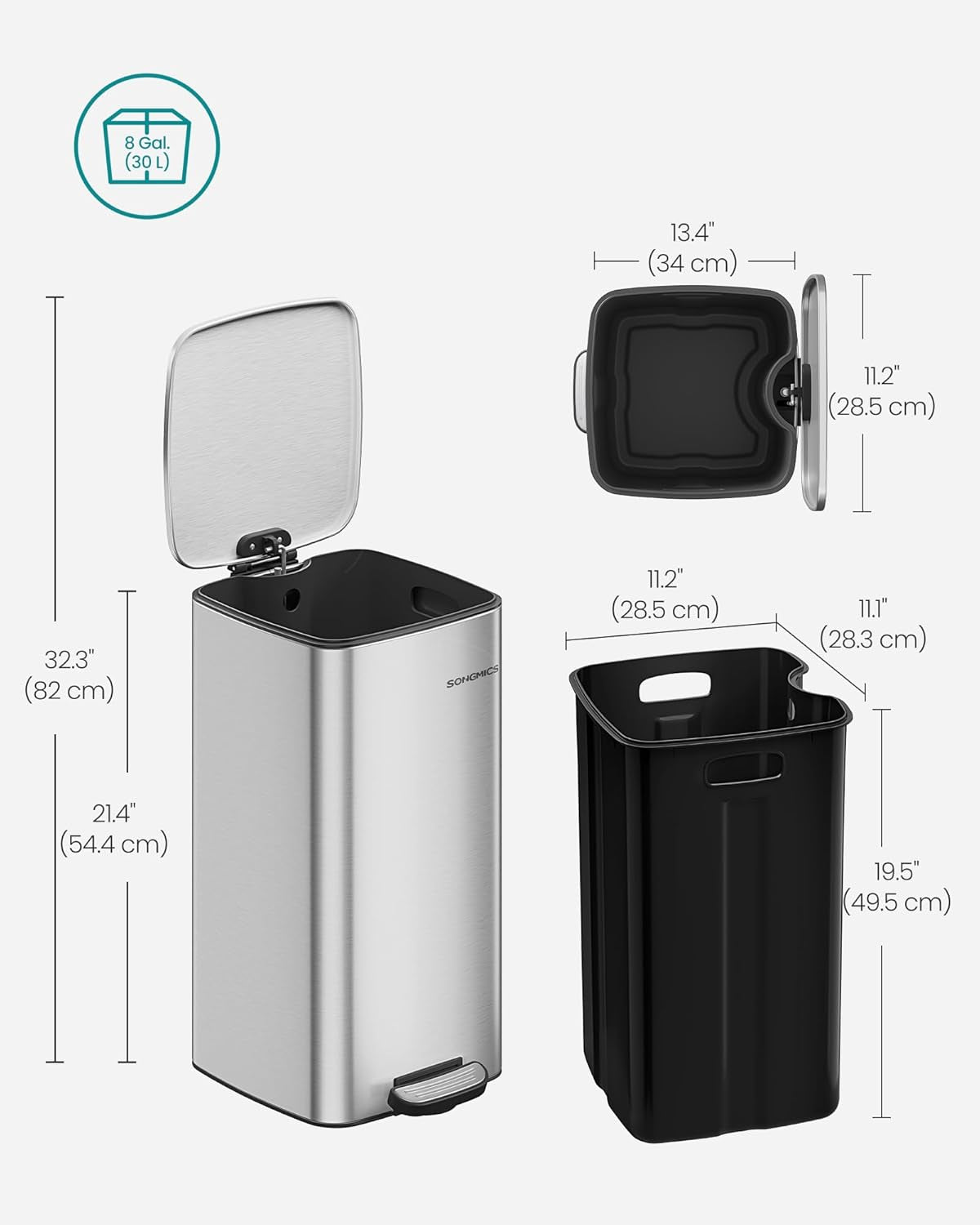 Kitchen Trash Can, 8-Gallon (30 L) Trash Bin, Stainless Steel Garbage Can, with Inner Bucket, Soft Close and Stays Open, Metallic Silver ULTB593E01