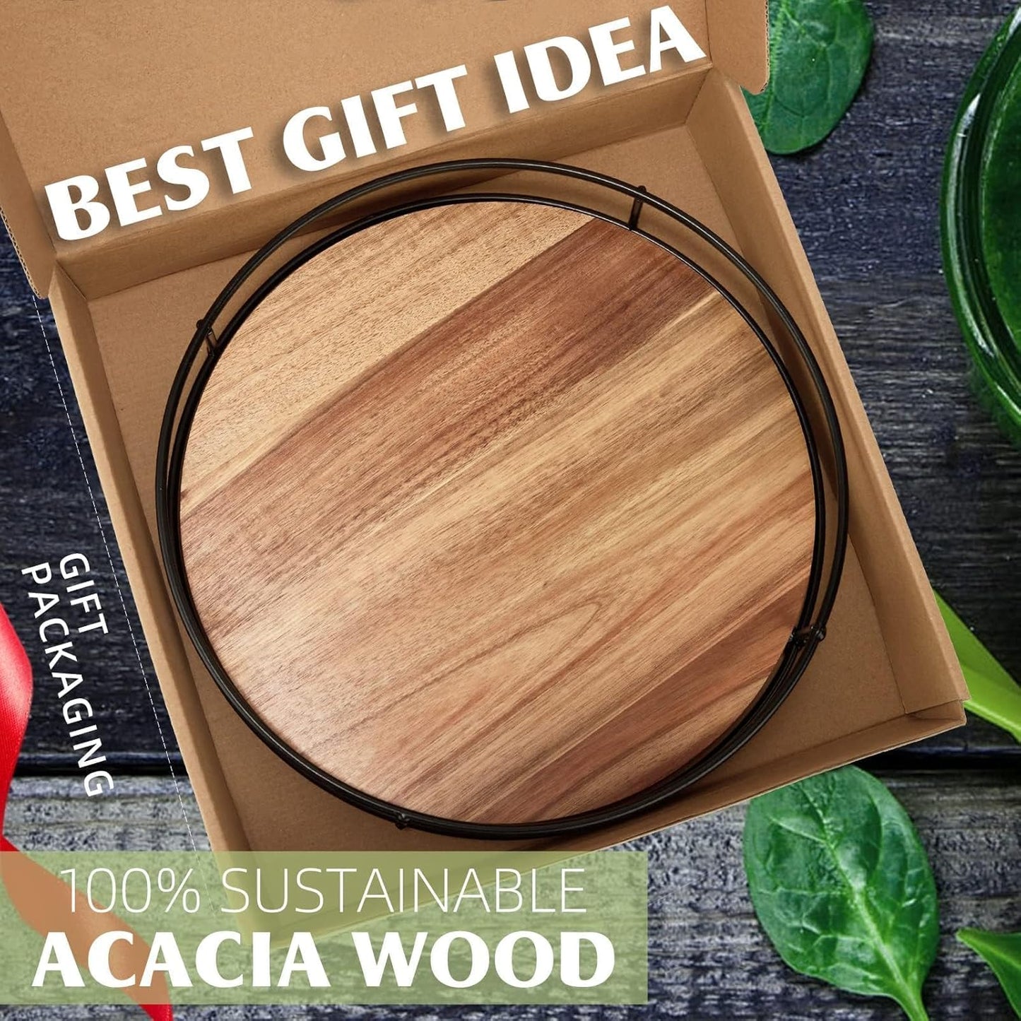 12" Acacia Wood Lazy Susan Turntable,  Kitchen Organizer Turntable with Steel Sides, 360 Degree Lazy Susan for Countertop Cabinet or Dining Table(Black)