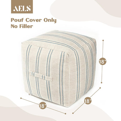 Unstuffed Farmhouse Pouf Cover for Living Room, Boho Storage Bean Bag Cubes, Beige with Navy Blue Stitch Yarn Dyed Stripe Square Ottoman Pouf Foot Rest Footstool, 18"X18"X18", Cover ONLY