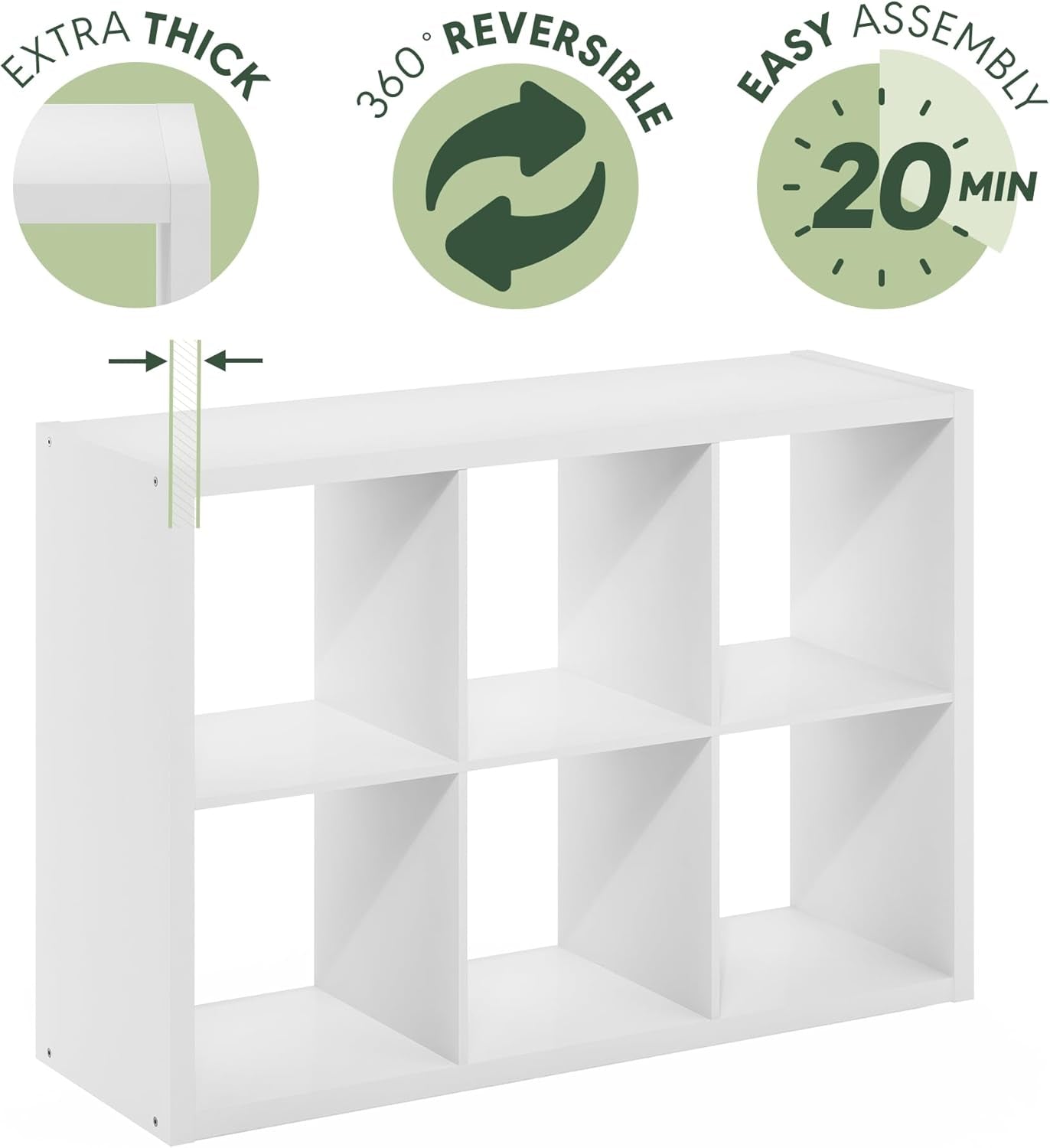 Cubicle Book Shelf, 6-Cube Bookshelf, Extra Thick Frame Horizontally & Vertically Reversible Bookcase with Open Back, 14.6" X 44" X 30", for Living Room, Bedroom, Home Office, White
