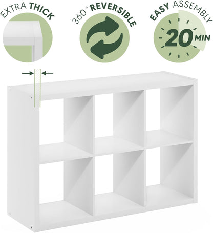 Cubicle Book Shelf, 6-Cube Bookshelf, Extra Thick Frame Horizontally & Vertically Reversible Bookcase with Open Back, 14.6" X 44" X 30", for Living Room, Bedroom, Home Office, White