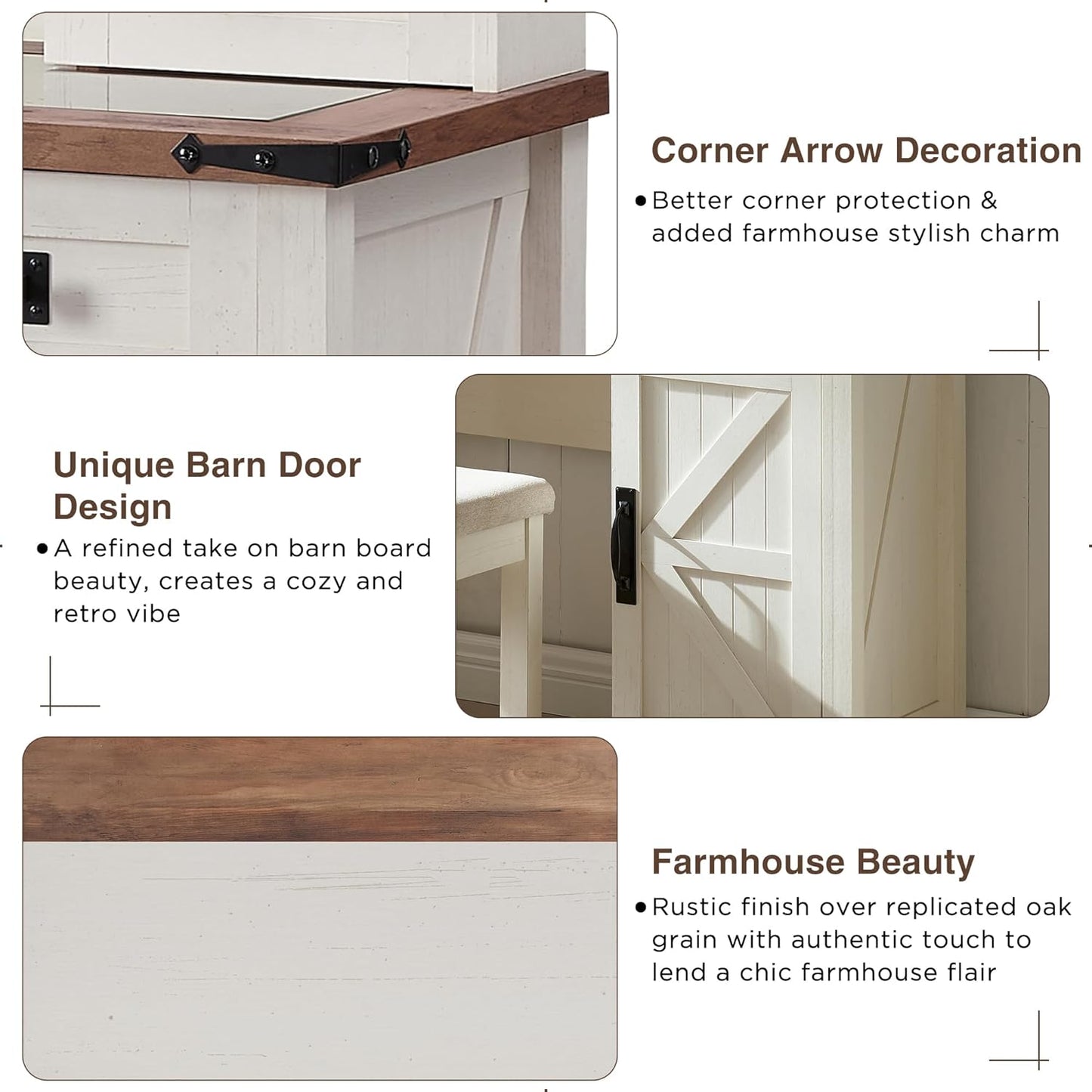 Farmhouse Makeup Vanity Desk with Sliding Mirror and Lights, 42'' Glass Tabletop Vanity Table with 2 Drawers & Shelves, Rustic Big Vanity Set for Bedroom, Antique White