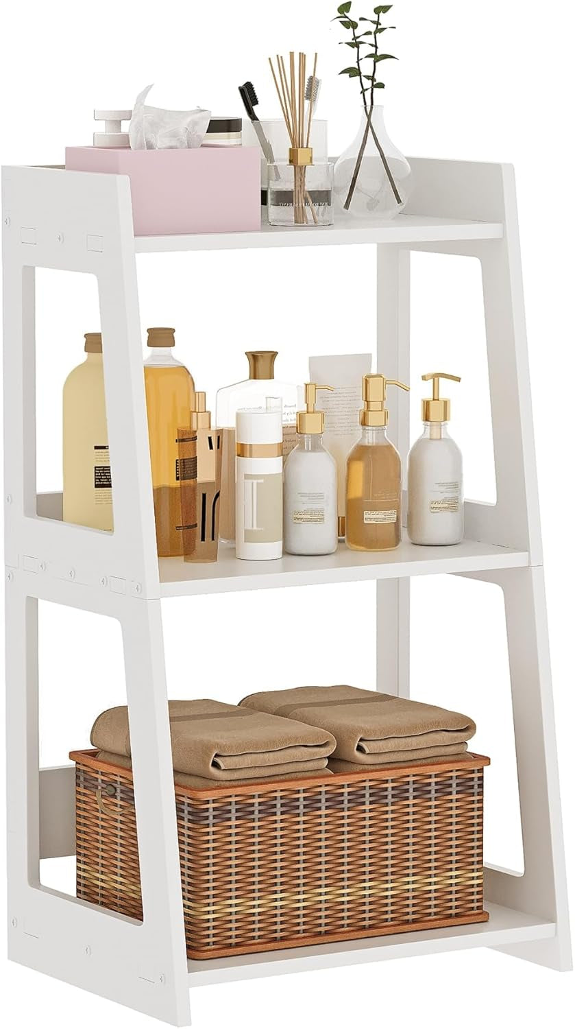3-Tier Bathroom Ladder Shelf Freestanding, White Floor Shelves Open Shelving Unit, Small Bookshelf Nightstand for Home Study Laundry Room (11.8" D X 15.7" W X 27.6" H)