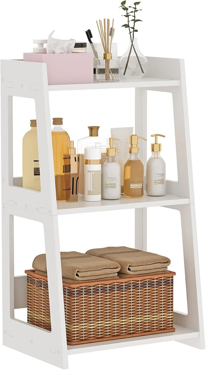3-Tier Bathroom Ladder Shelf Freestanding, White Floor Shelves Open Shelving Unit, Small Bookshelf Nightstand for Home Study Laundry Room (11.8" D X 15.7" W X 27.6" H)