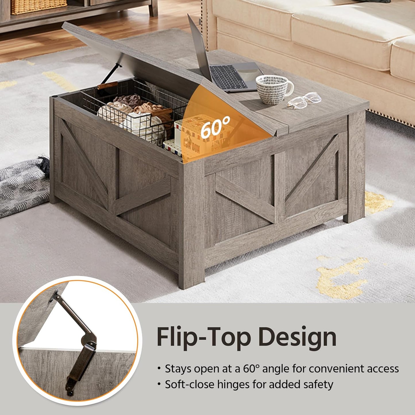 Lift Top Coffee Table, Square Farmhouse Coffee Table with Hidden Storage Compartment, Wood Center Table for Living Room, Home Office, Gray