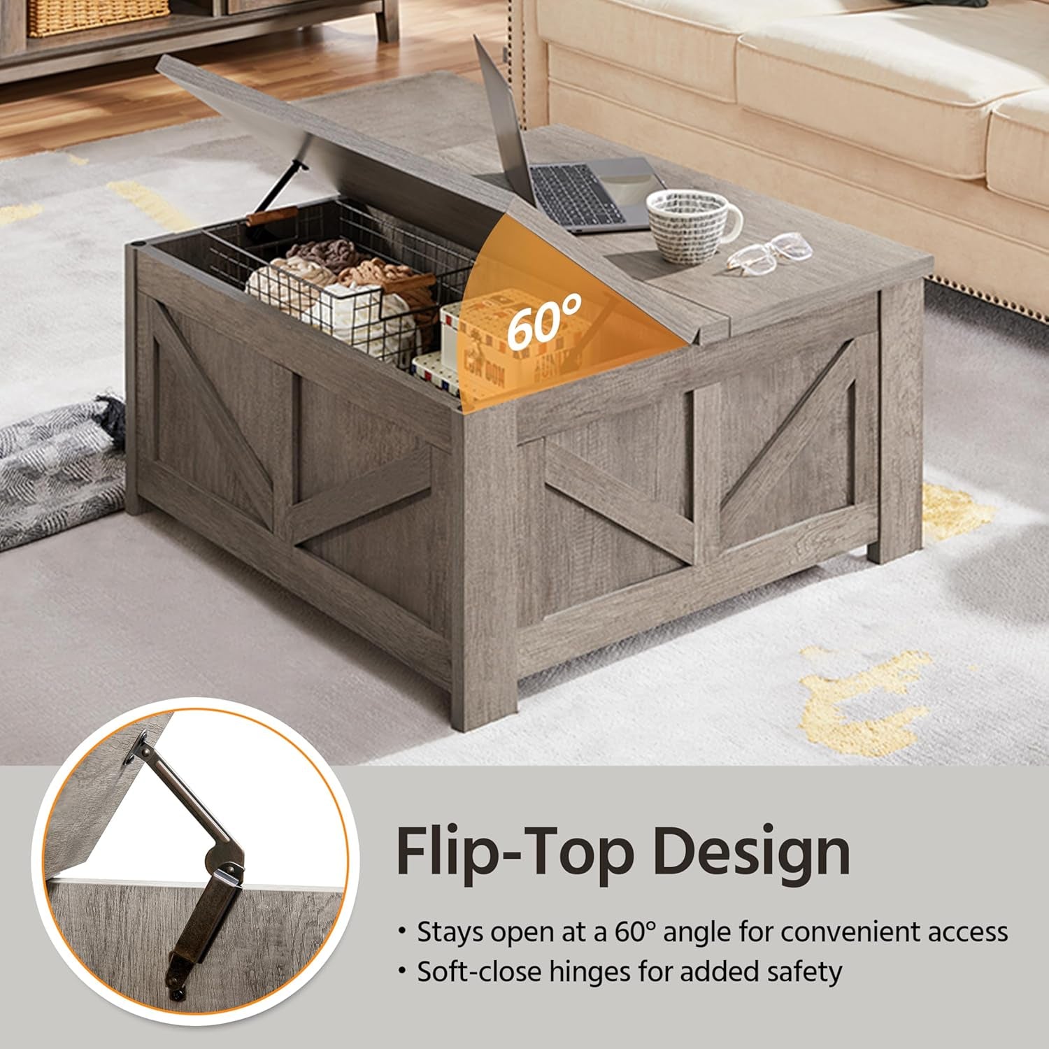 Lift Top Coffee Table, Square Farmhouse Coffee Table with Hidden Storage Compartment, Wood Center Table for Living Room, Home Office, Gray