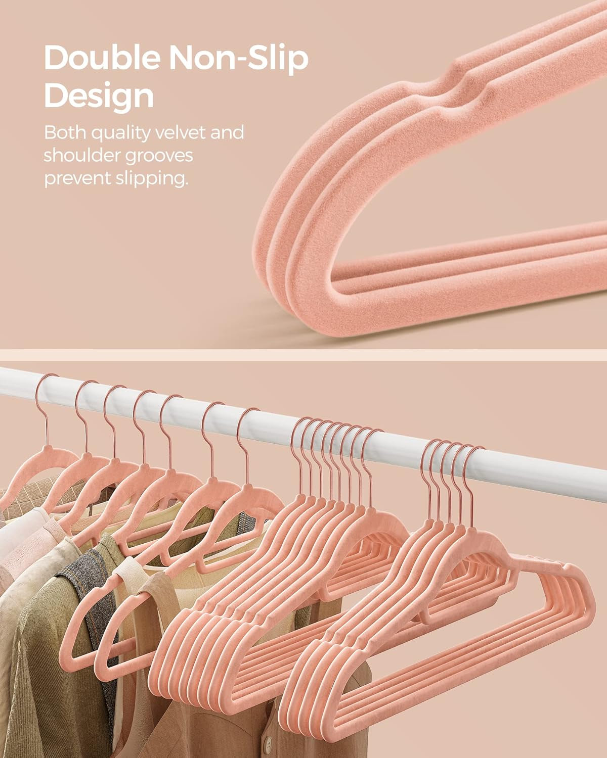 Velvet Hangers, Set of 50 Clothes Hanger with Rose Gold Swivel Hook, Non-Slip, and Space-Saving, 0.2-Inch Thick, 17.1-Inch Long for Coat, Shirt, Dress, Pants, Tie, Coral Pink UCRF21PK50
