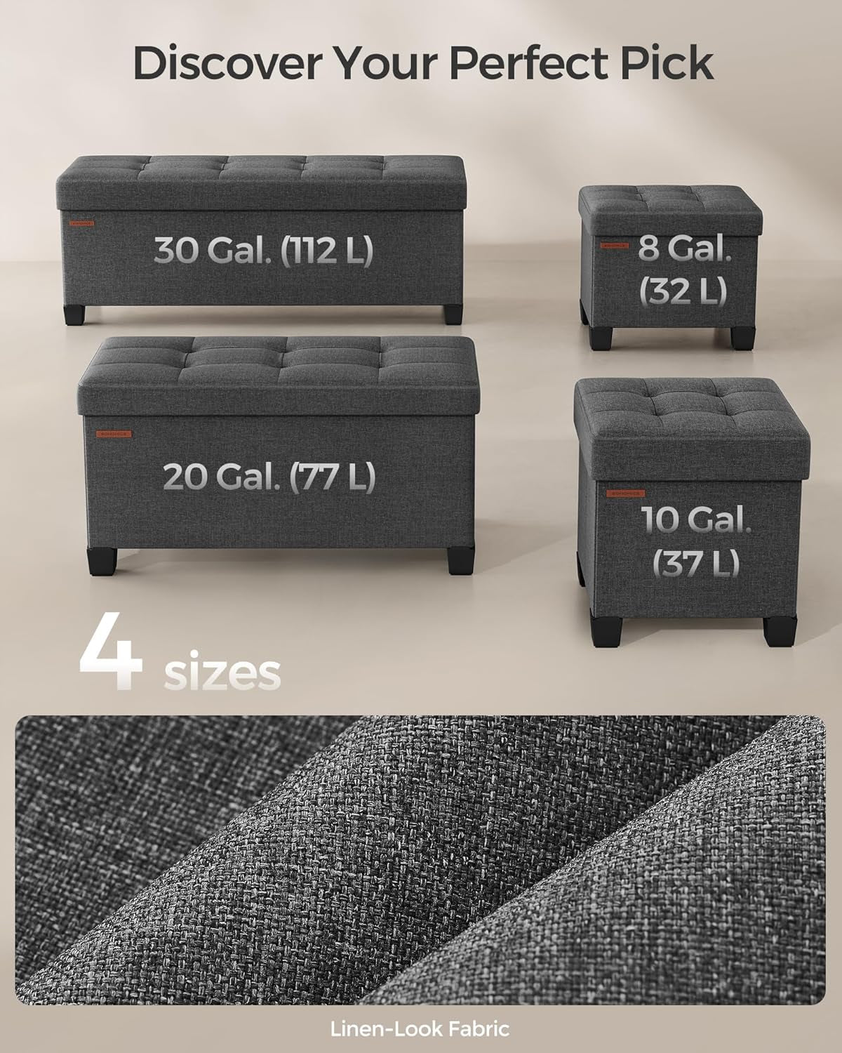 15 Inches Cube Storage Ottoman, Bedroom Bench with Storage, Foot Stool with Feet, Holds up to 660 Lb, Dark Gray ULSF14GYZ