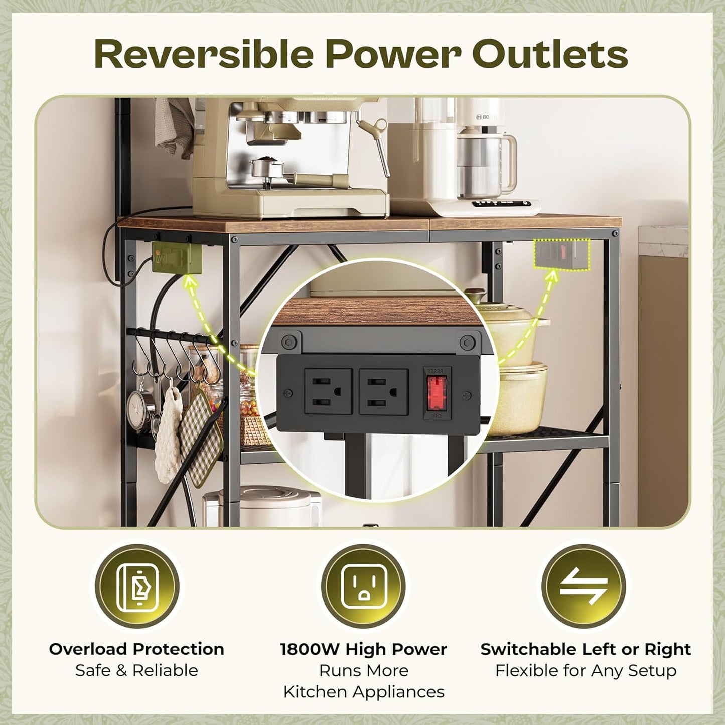 4-Tier Bakers Rack with Reversible Power Outlet, 23.6 Inch Microwave Stand, Kitchen Coffee Bar, with Top Shelf, 6 S Hooks, Rustic Brown