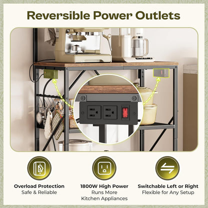 4-Tier Bakers Rack with Reversible Power Outlet, 23.6 Inch Microwave Stand, Kitchen Coffee Bar, with Top Shelf, 6 S Hooks, Rustic Brown