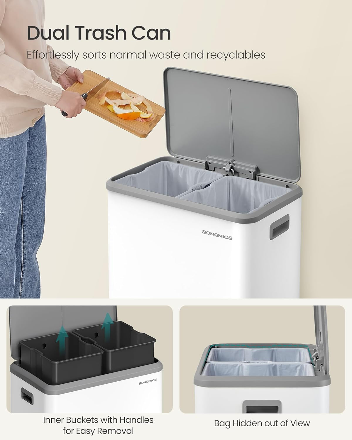 Trash Can, 2 X 8 Gallon (2 X 30 L) Double Garabge Can for Recycling and Waste, Stainless Steel, Soft-Close Lid, Inner Buckets, Wide Sturdy Pedal, Cloud White ULTB556W01