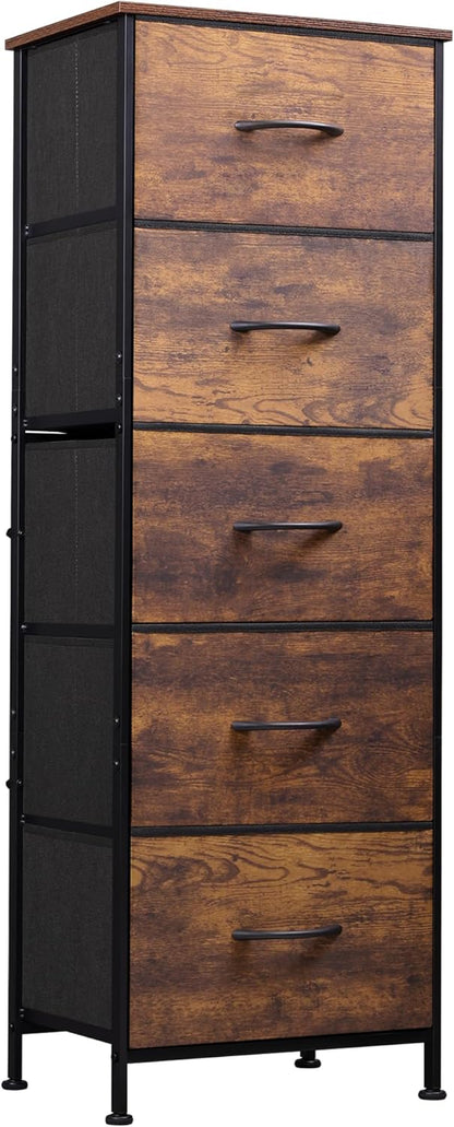 Fabric Dresser, 5-Drawer Tall Dresser for Bedroom, Storage Organizer with Fabric Bins, Wood Top, Sturdy Steel Frame, Chest of Drawers for Closet, Hallway, Rustic Brown Wood Grain Print