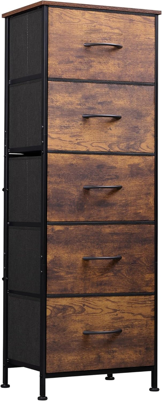 Fabric Dresser, 5-Drawer Tall Dresser for Bedroom, Storage Organizer with Fabric Bins, Wood Top, Sturdy Steel Frame, Chest of Drawers for Closet, Hallway, Rustic Brown Wood Grain Print