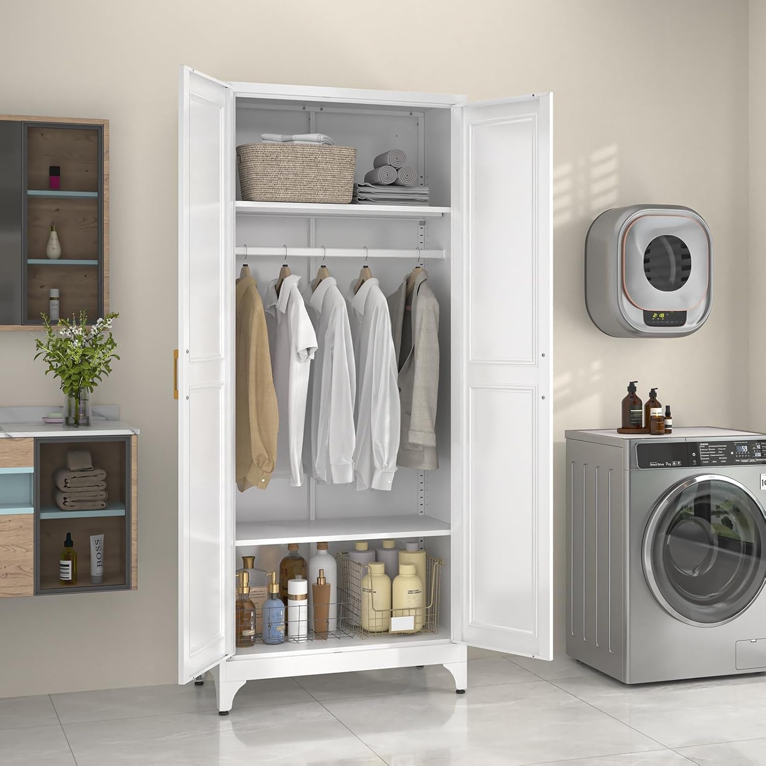 Metal Wardrobe Cabinet with Hanging Rod, 71" Tall Armoire Wardrobe Closet with 2 Doors and Adjustable Shelves, White Clothing Storage Cabinets for Bedroom, Laundry Room, Cloak Room