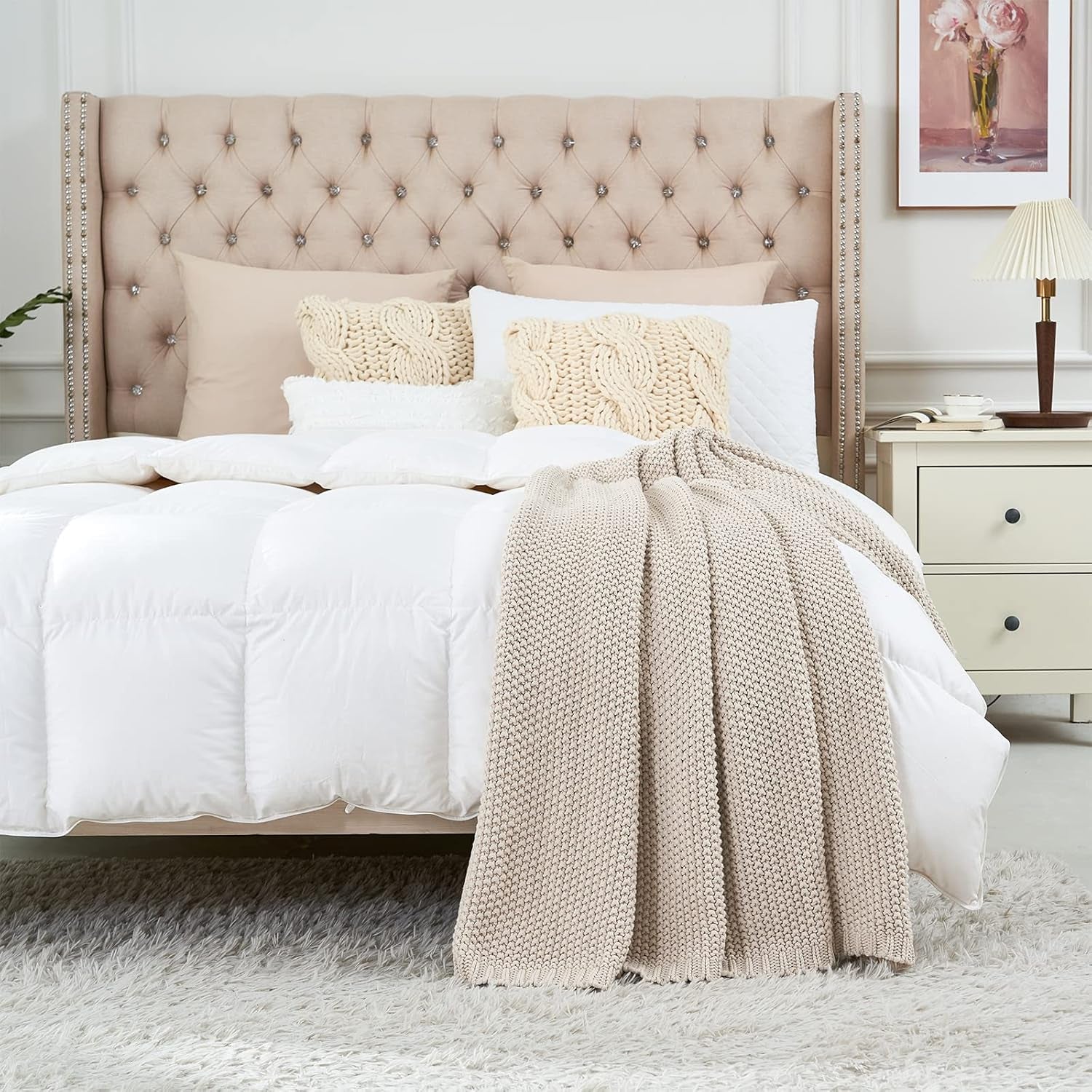 Chunky Cable Knit Throw Blanket Lightweight Beige 100% Organic Cotton Blanket for Sofa Couch Bed Baby Nursery, Rustic Shabby Chic Modern Farmhouse, 51” X 63” Give Laundering Bag