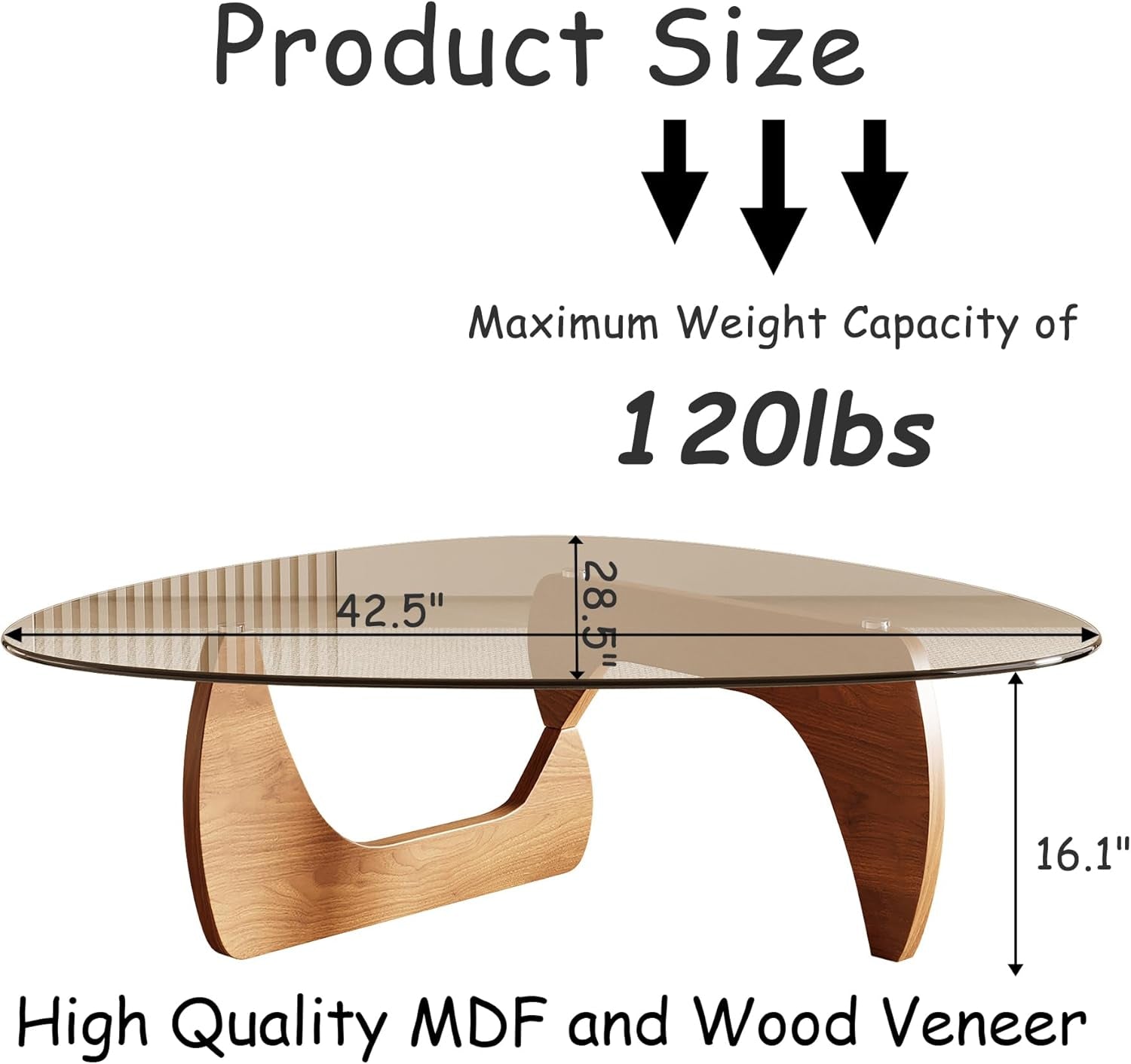 Morden Coffee Table, 42.5" X 28.5" X 16.1" Triangle Tempered Glass Top for Living Room, Color: Natural Wood