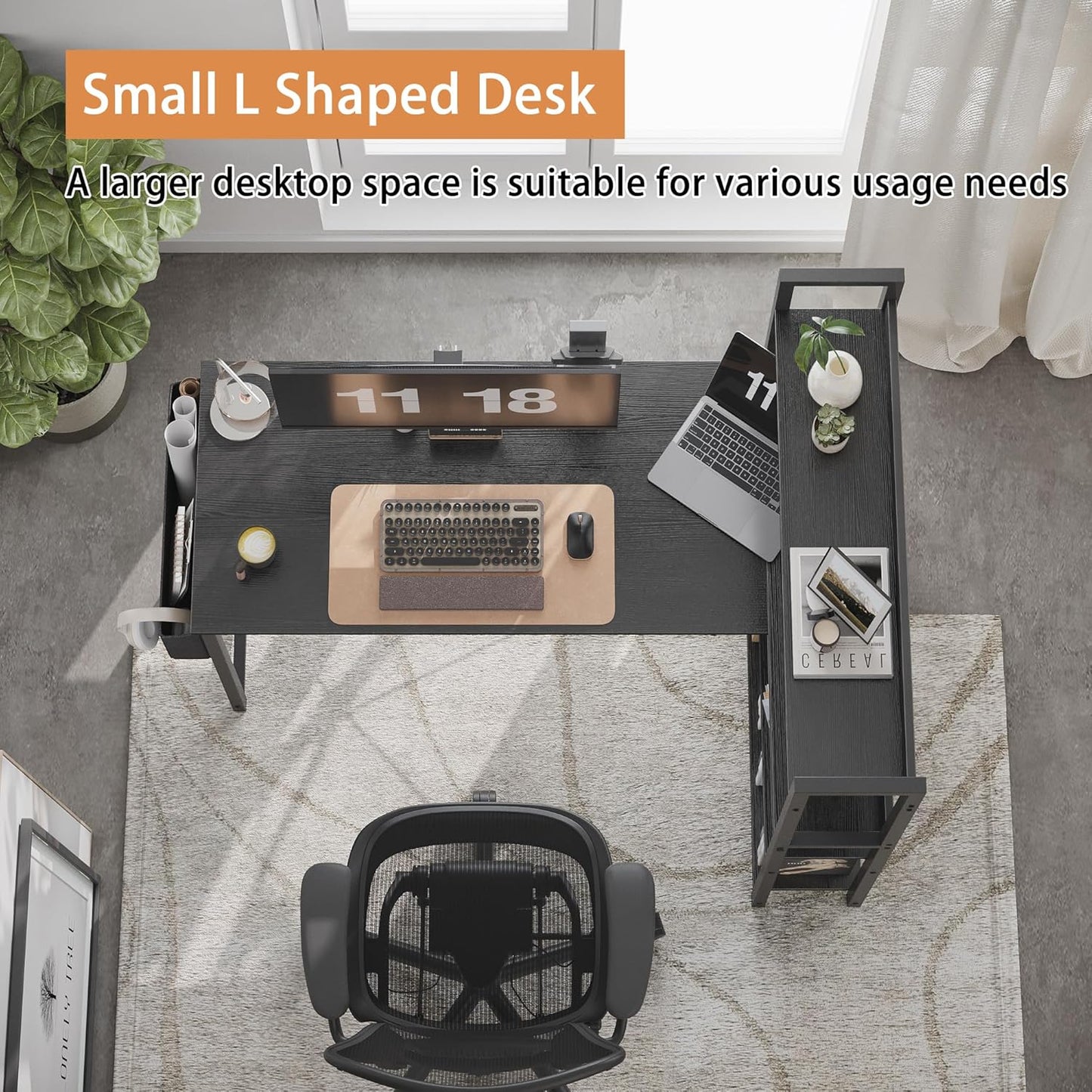 55 Inch Small L Shaped Desk, Corner Desk with Bookshelf, Home Office Desk, Writing Study Desk for Bedroom, Black