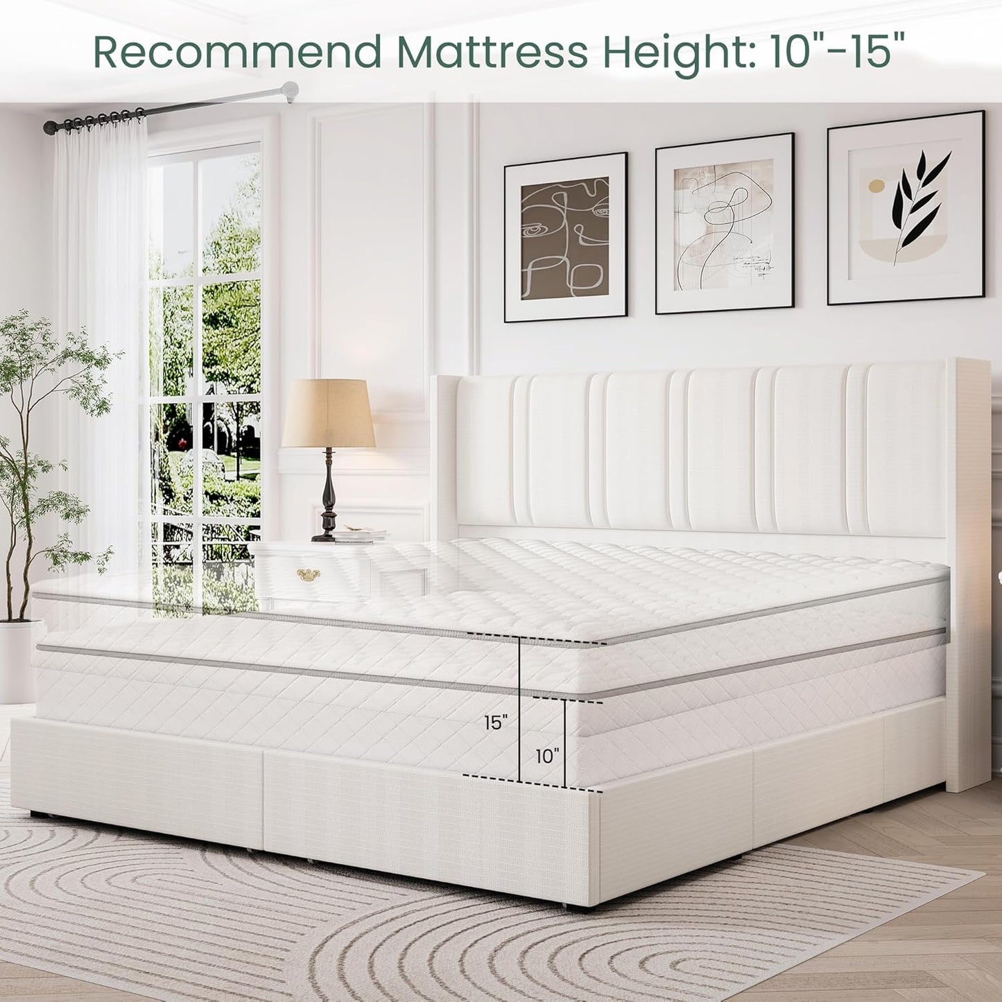 Queen Size Bed Frame with 4 Storage Drawers and Wingback Headboard Linen Upholstered Platform Bed Frame with Wooden Slats, Easy Assembly, White