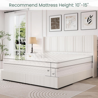 Queen Size Bed Frame with 4 Storage Drawers and Wingback Headboard Linen Upholstered Platform Bed Frame with Wooden Slats, Easy Assembly, White