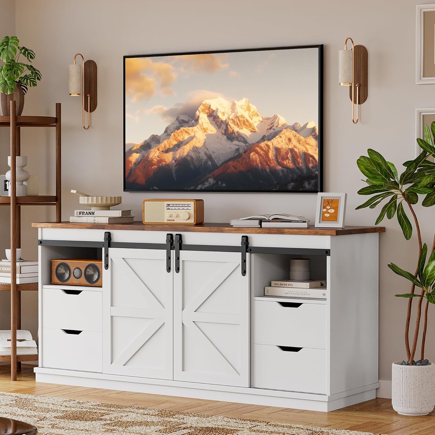 TV Stand for Televisions up to 65 Inchs, with Sliding Barn Doors and 4 Storage Drawers, Console Table and Media Furniture for Living Room, 58 Inch, Milk White