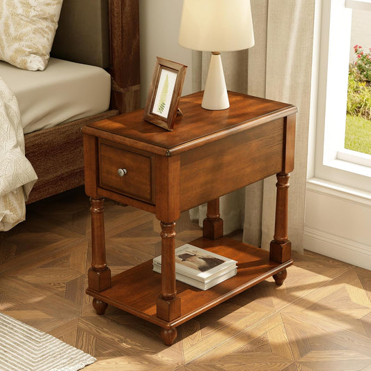Solid Wood Narrow End Table with Drawer, Vintage Rectangle Sofa Side Table with Storage Shelf Mid-Century Apartment Slim Bedside Table for Small Spaces,13 * 22 * 22.3In