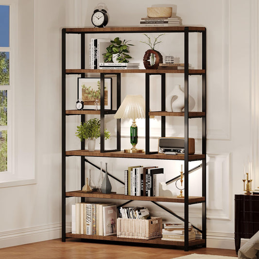 Rustic Bookcases and Book Shelves, Metal Wood 6 Tier Bookshelf and Book Rack Storage, Industrial Vertical Display Etagere Book Case 6 Shelf, Vintage Large Book Shelf for Bedroom Living Room, Brown