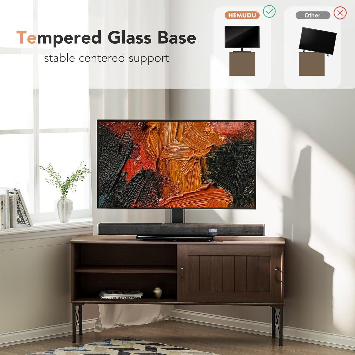 Universal Swivel TV /Table Top TV Stand for 19 to 43 Inch Tvs with 90 Degree Swivel, 4 Level Height Adjustable, Heavy Duty Tempered Glass Base, Holds up to 99LBS HT02B-001