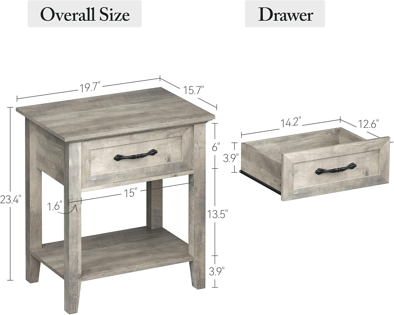 Grey Nightstands Set of 2, End Table with Drawer, Side Table for Spaces, 2 Tiers Storage Shelves with Dresser, Bedside Table for Living Room, Bedroom, Dorm (2Pcs-Grey)