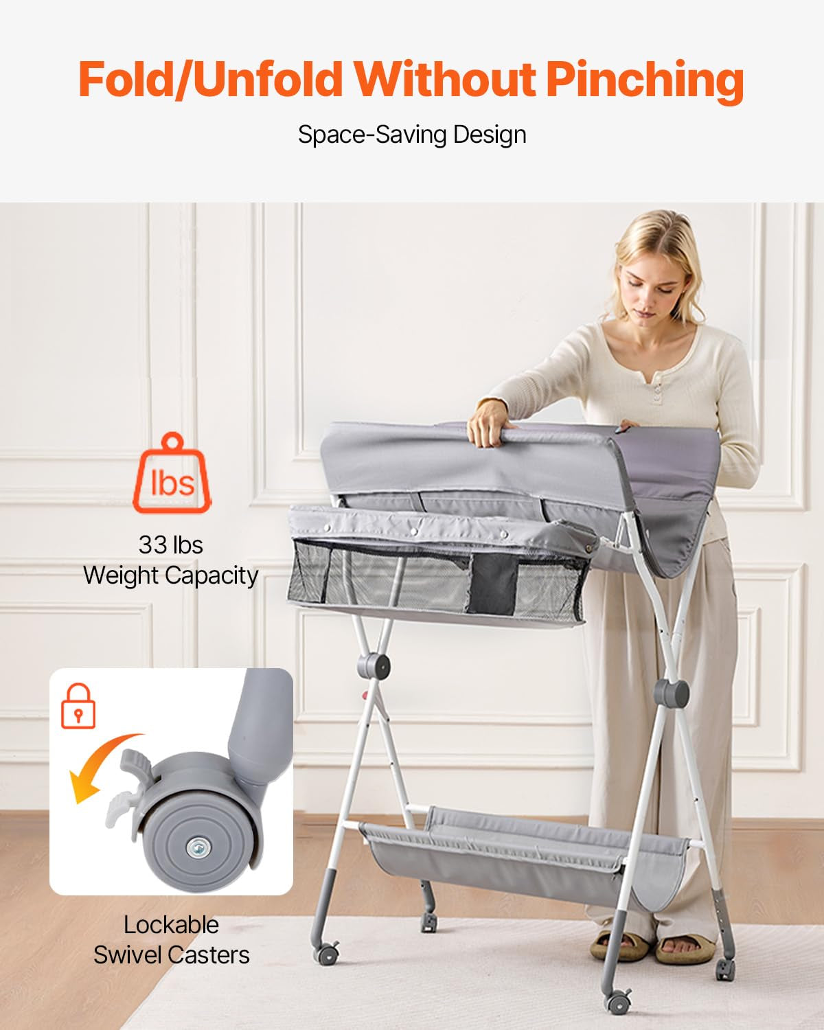 Baby Changing Table, Foldable Diaper Change Station with Side Basket, Adjustable Height Changing Table with Lockable Wheels, Multi-Functional Nursery Storage Organizer, Light Gray